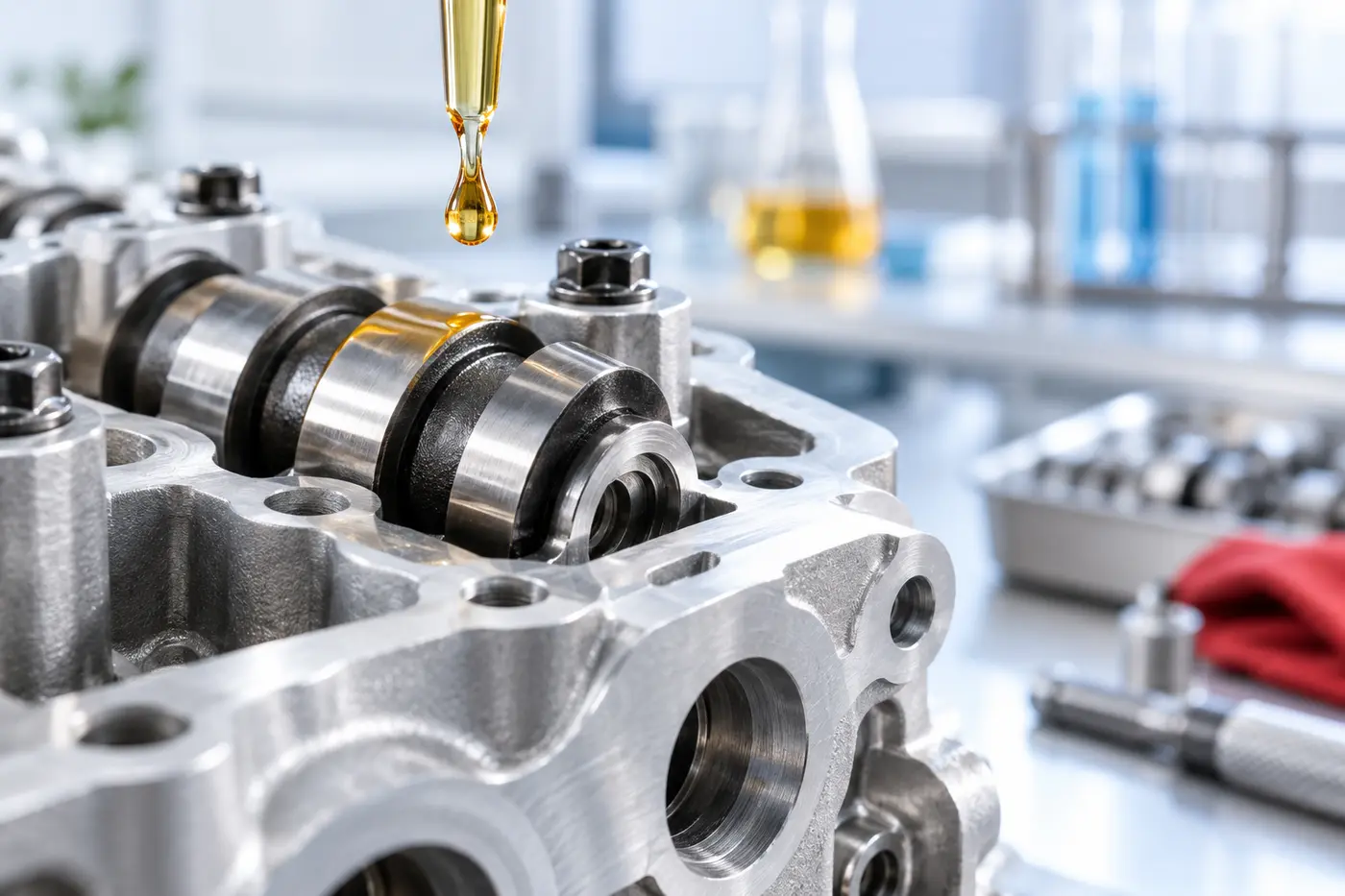 Motorbauteil mit Schmierstoff in einer hellen technischen Umgebung