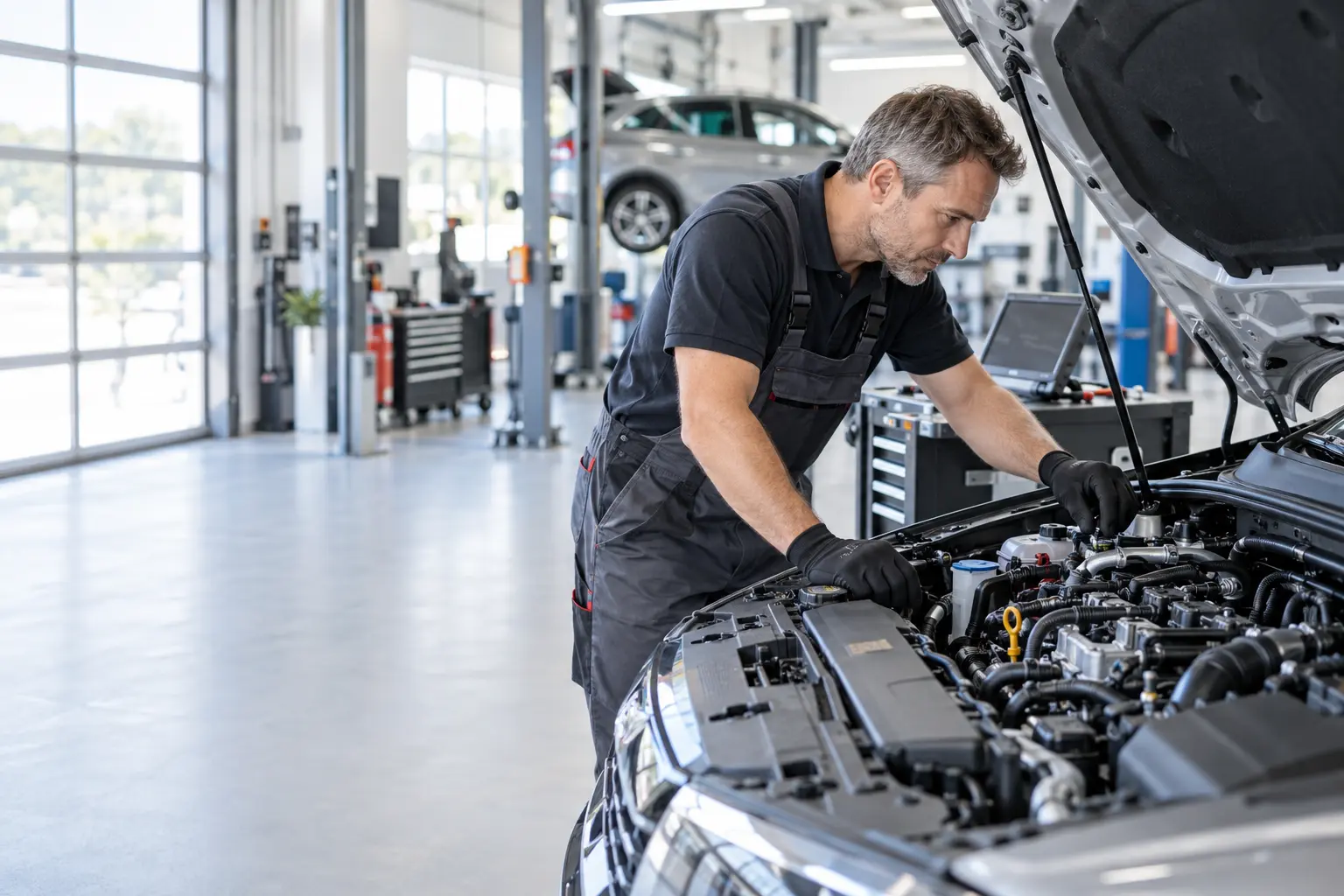 Helle Kfz-Werkstatt bei der technischen Fahrzeugprüfung